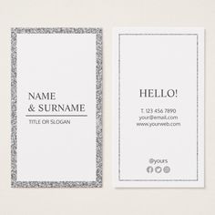 two business cards with silver glitter border and name on the front, and back side