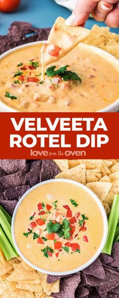 a person dipping tortilla chips into a bowl of velveeta rotel dip