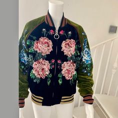 Gucci Incredible Roses Sequin Embellished Multicolor Velvet Bomber, It 40 In Great Condition Retail $7500 Gucci Black Spring Outerwear, Gucci Jackets, Gucci Jacket, Green Floral Print, Stand Collar, Size Guide, Blue Green, Bomber Jacket, Floral Print