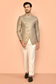 Cream bandhgala with geometric woven patterns. Comes with cream pant. - Aza Fashions Cream Pant, Indian Wedding Suits Men, Cream Pants, Straight Fit Pants, Wedding Suits Men, Wool Pants, Jacquard Weave, Pant Set, Pin Tucks