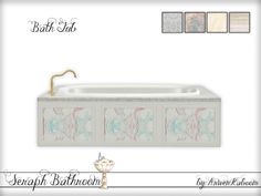 the bathtub is white and has floral designs on it