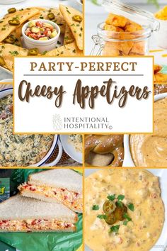 Assorted party appetizers featuring creamy cheese dips, stuffed empanadas, and cheesy sandwiches.