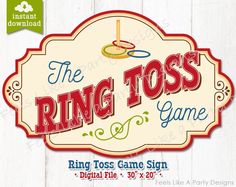 the ring toss game sign is displayed on a white wooden background with red and blue lettering