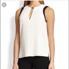 Rag & Bone Lana Sleeveless Top Black And White With Leather Accent Never Worn White Sleeveless Tank Top For Work, White Tank Top For Workwear, White Tank Top For Work, Chic White Tank Top For Work, Rag & Bone, Sleeveless Top, Womens Tops, Black White, Tank Tops