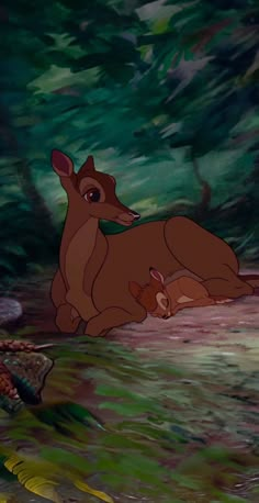 an animated image of a deer and her baby laying in the grass next to some trees