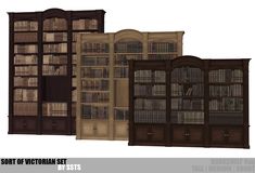 three wooden bookshelves with doors and shelves