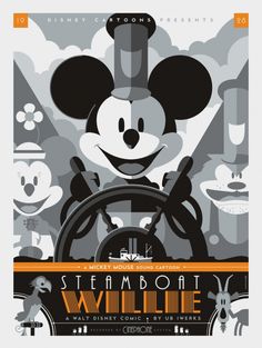 the poster for steamboat willie is shown in black and white