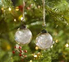 two glass ornaments hanging from a christmas tree