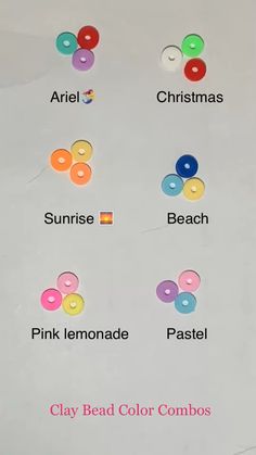 the different colors of buttons are shown on a sheet of paper that says, merry christmas sunrise lemonade pastel clay bead color combos