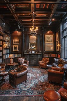 the library is full of leather furniture and bookshelves