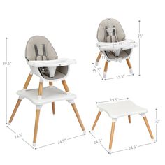 the baby high chair and foot stool are shown with measurements for each child's height