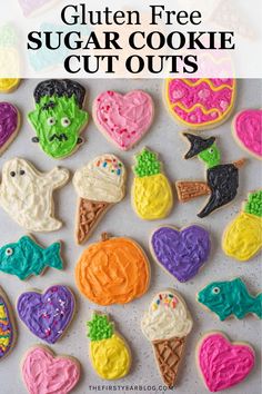 decorated sugar cookies with the words gluten free sugar cookie cut outs on top