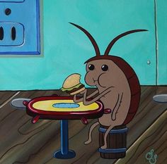 a bug sitting at a table eating a sandwich