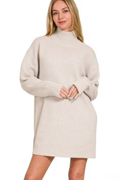 This Zenana Turtle Neck Long Sleeve Mini Sweater Dress is a versatile and stylish addition to any wardrobe. Made with high-quality materials, the dress offers comfort and warmth. The turtle neck and long sleeves provide extra coverage, while the mini length adds a modern touch. Perfect for any occasion. Details:- Turtle Neck- Mini Dress Length- Long Sleeves Fabric Content:- 65% Acrylic, 20% Nylon, 15% Polyester Casual Beige Sweater Dress For Daywear, Spring Beige Sweater Dress For Loungewear, Neutral Long Sleeve Sweater Dress For Winter, Cozy Beige Long Sleeve Sweater Dress, Cozy Long Sleeve Beige Sweater Dress, Beige Turtleneck Dress For Winter, Winter Beige Turtleneck Dress, Beige Turtleneck Winter Dress, Beige High Neck Knit Sweater Dress