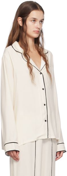 Viscose faille pyjama shirt. Piping throughout. · Open spread collar · Button closure · Logo embroidered at chest Supplier color: Open white Classic White Long Sleeve Sleepwear, Elegant White Blouse For Loungewear, White Button Closure Blouse For Loungewear, Pajama Shirt, Logo Embroidered, Hugo Boss, Piping, Apparel Accessories, Pajamas