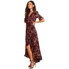 New With Tags Size Medium. Pit To Pit Is Approximately 18.5 Inches Description Let The Breeze Be Your Dance Partner As You Sway Along In The Lulus Wild Winds Burgundy Floral Print High-Low Wrap Dress! Taupe, Green, Pink, And Purple Floral Print Decorates Lightweight, Textured Woven Poly As It Sweeps Across A Wrap Bodice And Short Sleeves. Waist Sash And Internal Ties Cinches The Waist Above A High-Low Skirt With Ruffled Hems. Fit Bust: Works Best For A To C Cup Sizes - Consider Sizing Up For Ful Cute Wedding Guest Dresses, Sleeveless Dress Casual, Floral High Low Dress, Sleeveless Dresses Casual, Loose Maxi Dress, Bohemian Maxi Dress, Flower Print Dress, Printed Wrap Dresses, Burgundy Floral