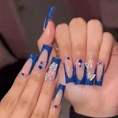 Baddie Long Press On Nails – Juneptune Striped Nails, Blue Nail, Stick On Nails, Prom Nails