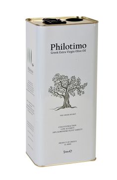 a can of wine with a tree on the front and label in black lettering that reads philotimo