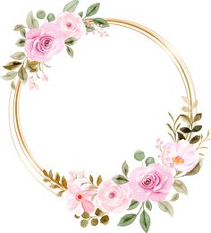 pink roses and green leaves are arranged in a gold circle frame on a white background