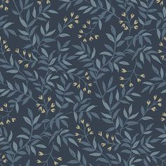 a blue and yellow wallpaper with small leaves on the bottom half of each leaf