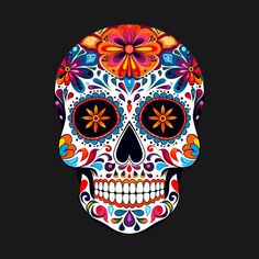 a colorful sugar skull on a black background