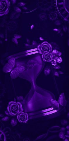 purple roses and butterflies are in an hourglass on a black background with silver accents