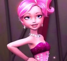 a cartoon girl with pink hair wearing a purple dress and diamond necklaces, standing in front of a mirror