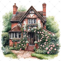 a watercolor painting of a house with roses on it