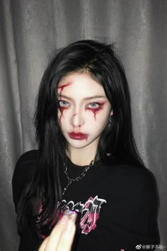 K Pop Halloween Costume, Crying Blood Makeup, Gunshot Makeup, Maquillaje Halloween Aesthetic, Blood Tears Makeup, Angry Makeup, Halloween Blood Makeup, Blood Makeup Look, Halloween Makeup Looks Scary