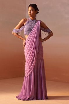 Lilac pre-draped ombre saree with all over dots leather embroidery and ruched detailing under the waist. Paired with a halter neck cold shoulder sleeves blouse with tonal sequin and bead embroidery. - Aza Fashions Pre Draped Saree, Ombre Saree, Shantanu And Nikhil, Applique Blouse, Cold Shoulder Sleeves, Draped Saree, Leather Embroidery, Halter Blouse, Drape Saree