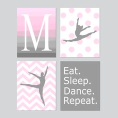 three pink and gray wall art prints with the letter m, eat sleep dance repeat