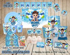 DIGITAL DOWNLOAD Complete Boss Boy Baby Birthday Party Kit, Light Skin Boy Birthday Printables, Blue Party Decorations.  Cute, quick, and easy DIY experience. Affordable too! Assemple to easy! This kit cannot be customized. 100% PRINTABLE - Any Physical items are not sent. What's Included: ● Backdrop 48 x 36" ● Banner ( Happy Birthday & 2 characters) (each letter is individually placed on a 8.5x11 inch page) ● Paper Bag (8,5x11" sheet) ● Food Tents (3,5x5" unfolded - 3,5x2,5" folded) (8,5x11" sh American Party Decorations, Boy Party Decorations, Baby Party Decorations, Blue Party Decorations, Pink Party Decorations, American Party, Baby Boss, Party Boy, Bag Topper