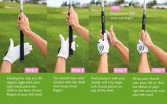 the instructions for how to hit a golf ball with a club in one hand and two gloves on the other