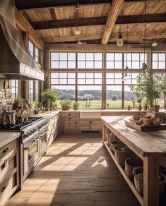 an instagramted photo of a kitchen with lots of windows and wooden furniture in it