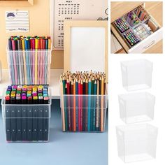 three plastic bins with pencils and markers in them on a desk next to an assortment of office supplies