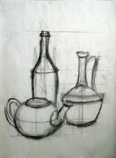 a black and white drawing of teapot, bottle and cup with saucer on it