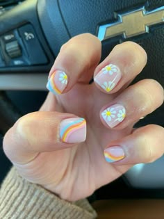 August Nail Designs 2023, Rainbow Daisy Nails, Here Comes The Son Nails, Abba Inspired Nails, Abba Nails Ideas, Groovy Nails Acrylic, Retro Summer Nails, Abba Nails, Baby Shower Nail Ideas