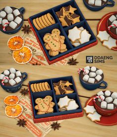 two pictures of cookies, orange slices and marshmallows