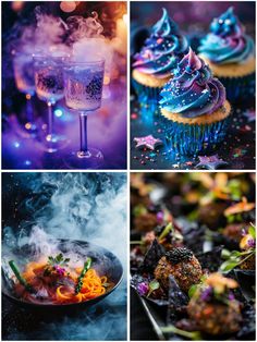 four different pictures with food and drinks in them, one is blue the other has purple sprinkles