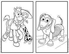 coloring pages for the cartoon dog and his friend are shown in black and white, one is