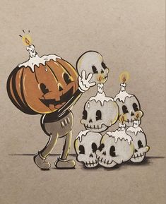 there is a drawing of a skeleton holding a pumpkin with five skulls around it, all in white and black