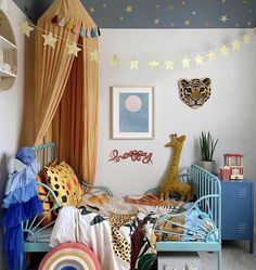 a child's bedroom decorated in blue and yellow