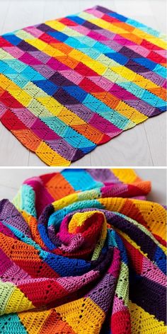 two pictures with different colors of yarn on the same blanket, one is multicolored