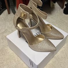 Good Ankle Strap Evening Shoes Never Worn. Heel Height Is About 4 1/2 Inches. Gold Ankle-high Heels For Formal Occasions, Gold Ankle-high Heels With 4-inch Heel, Gold Heels, Evening Shoes, Ankle Strap, Shoes Women Heels, Heel Height, Shoes Heels, Women Shoes