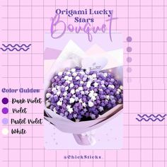 a bunch of purple and white sprinkles in a paper bag with the words organi lucky stars bouquet on it