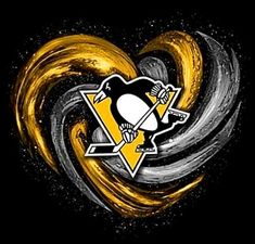 the pittsburgh penguins logo is painted on a black background with gold swirls and an ice hockey sticker