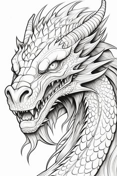 a black and white drawing of a dragon's head