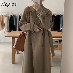 Neploe Korean Chic Vintage Temperament Blends Femme 2024 Autumn Winter Simple Classic Generous Boho Winter Coat, Long Wool Coat Women, Apricot Clothing, Wool Jackets Women, Chic Outerwear, Wool Winter Coat, Wool Coat Women, Long Wool Coat, Woolen Coat