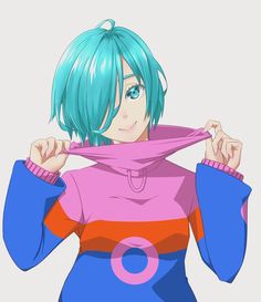 an anime character with blue hair and green eyes wearing a pink shirt holding a scarf over her mouth