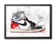 a watercolor painting of a sneaker shoe on a wooden floor in front of a white wall